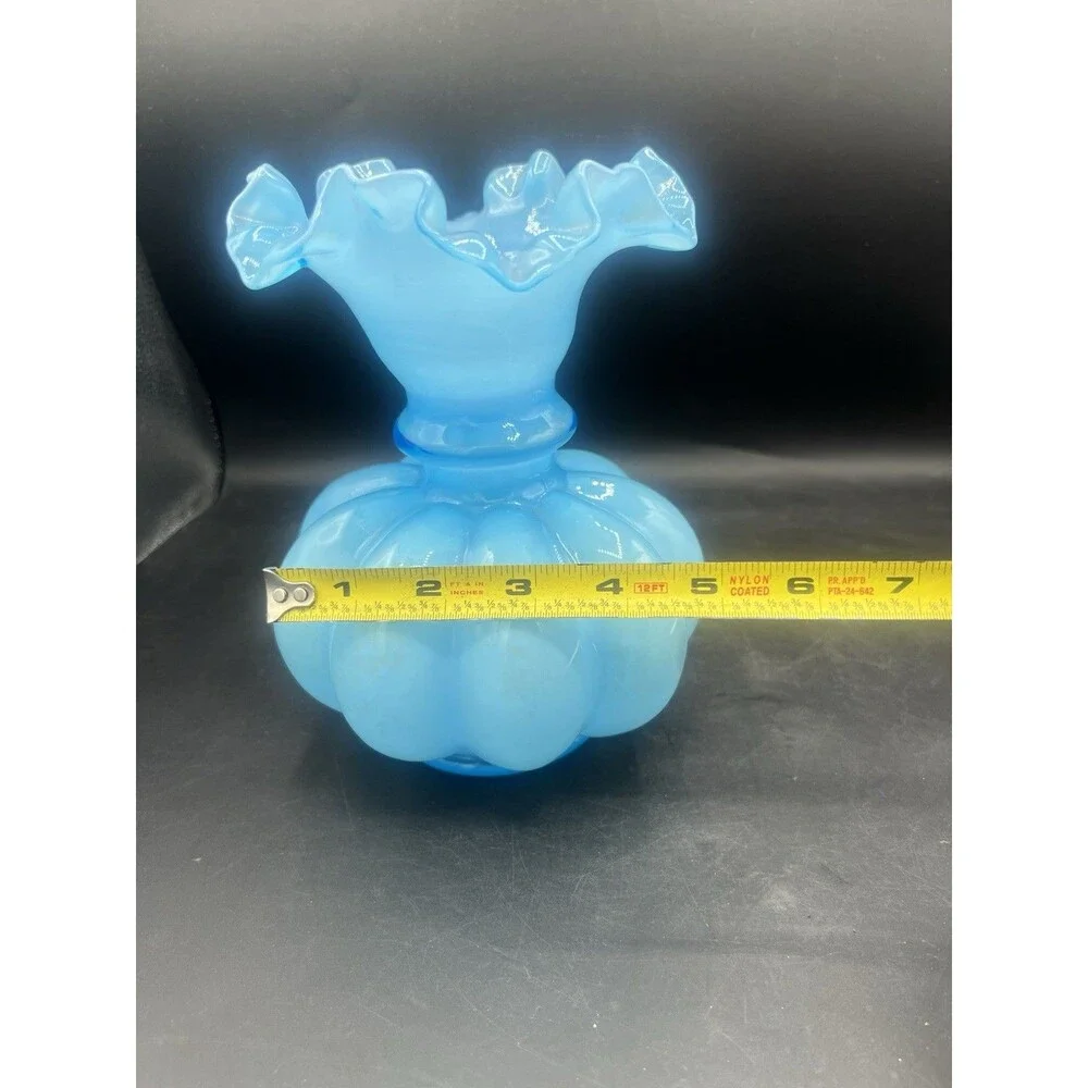 Vintage Fenton Blue Opalescent Melon Vase Ruffled Rim Mid Century Art Glass 7.75